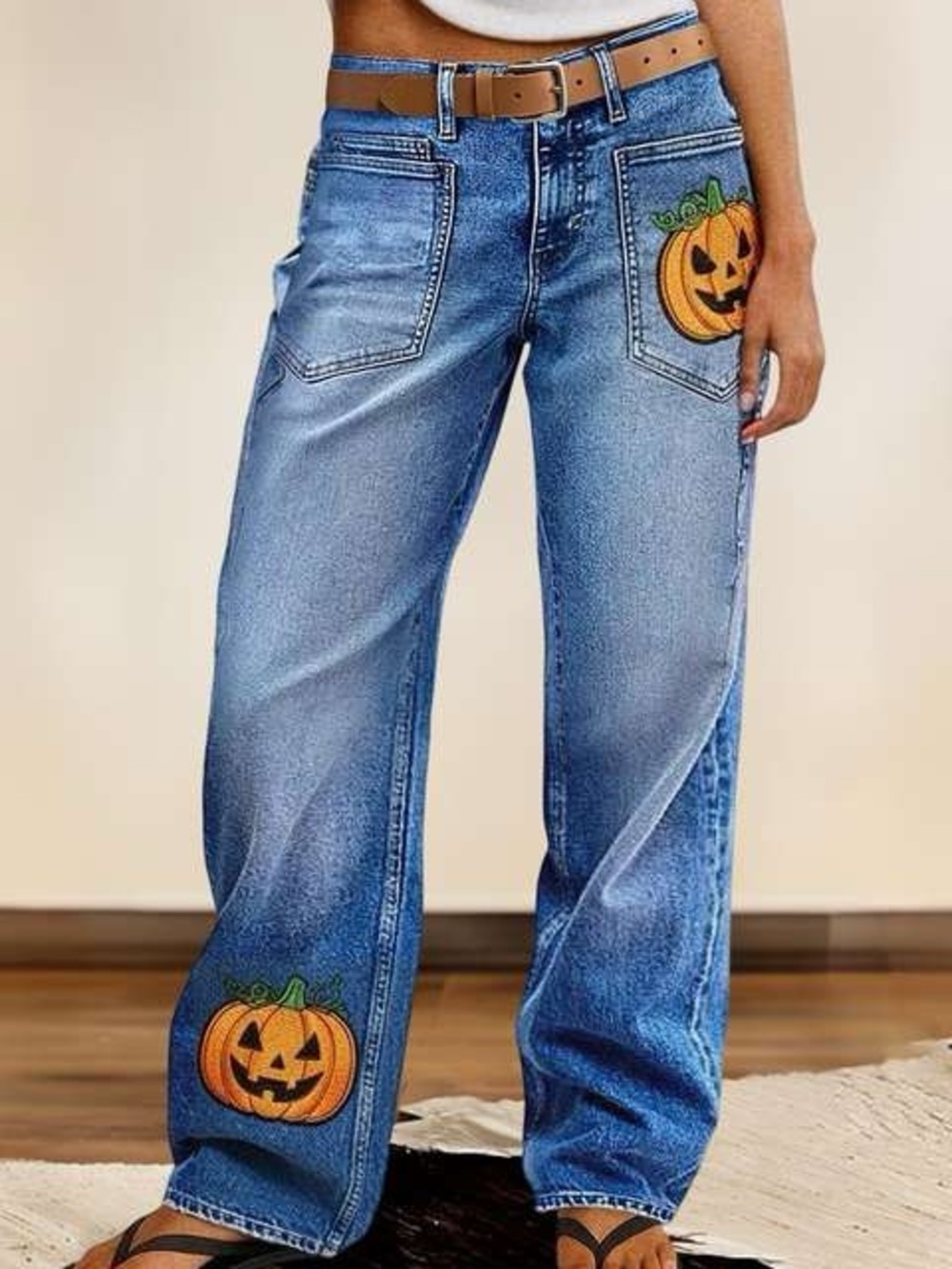 Flamingals Halloween Pattern Mid Waist Straight Leg Jeans